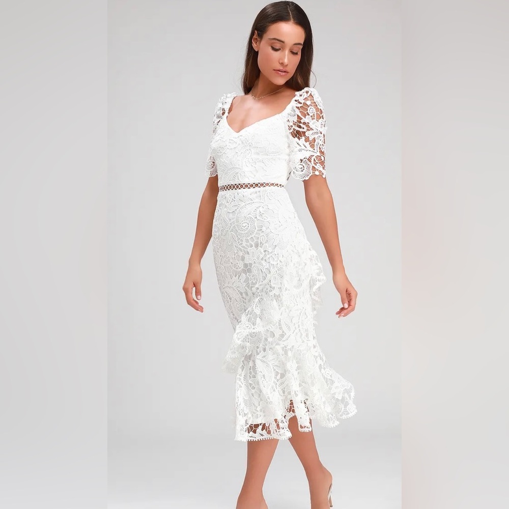 White Lace Ruffled MIDI Dress
